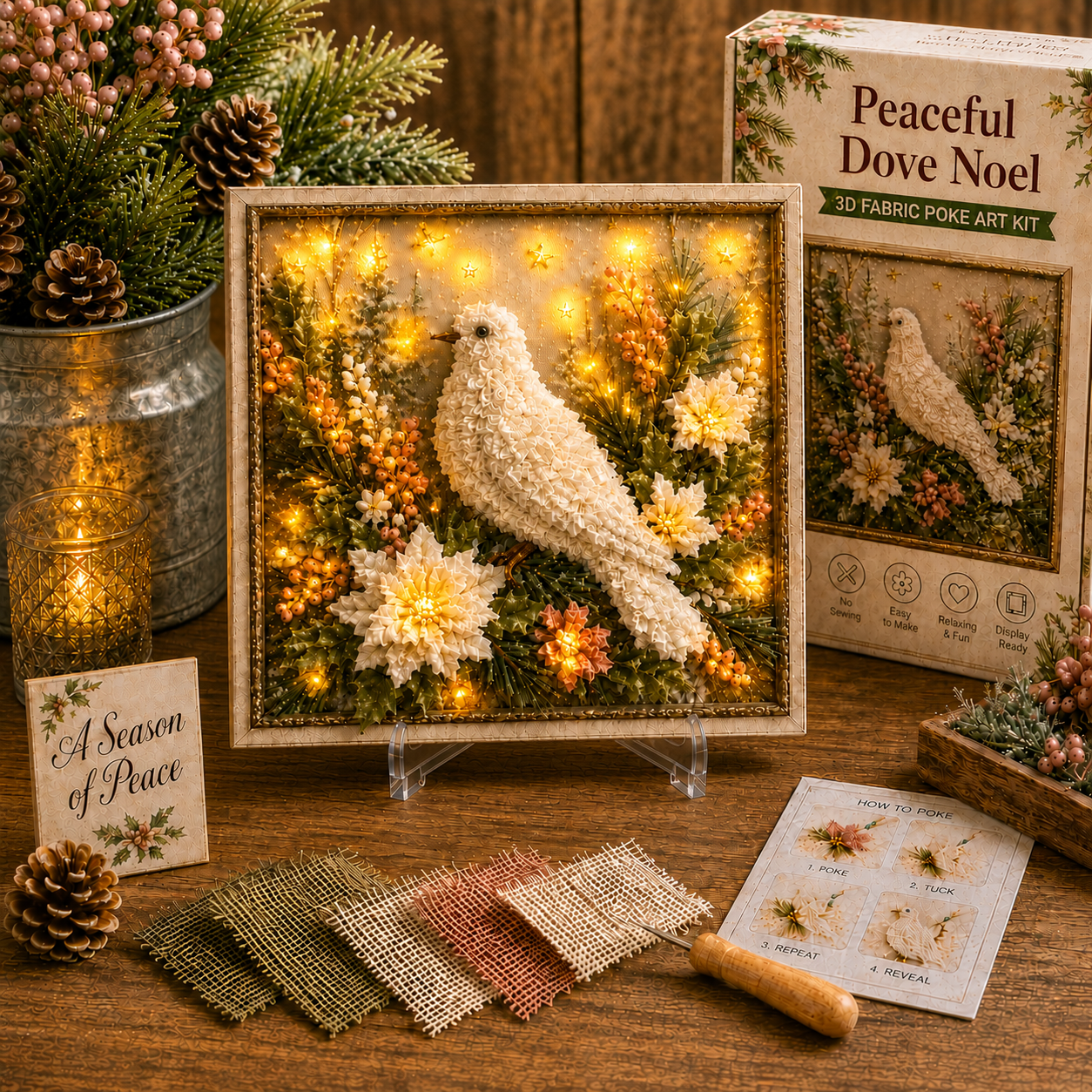 🎄🧵 Premium 3D Christmas Fabric Poke Art Kit | No-Sew Holiday Craft with Pre-Punched Board, Fabric Squares & Display Stand 🎅✨