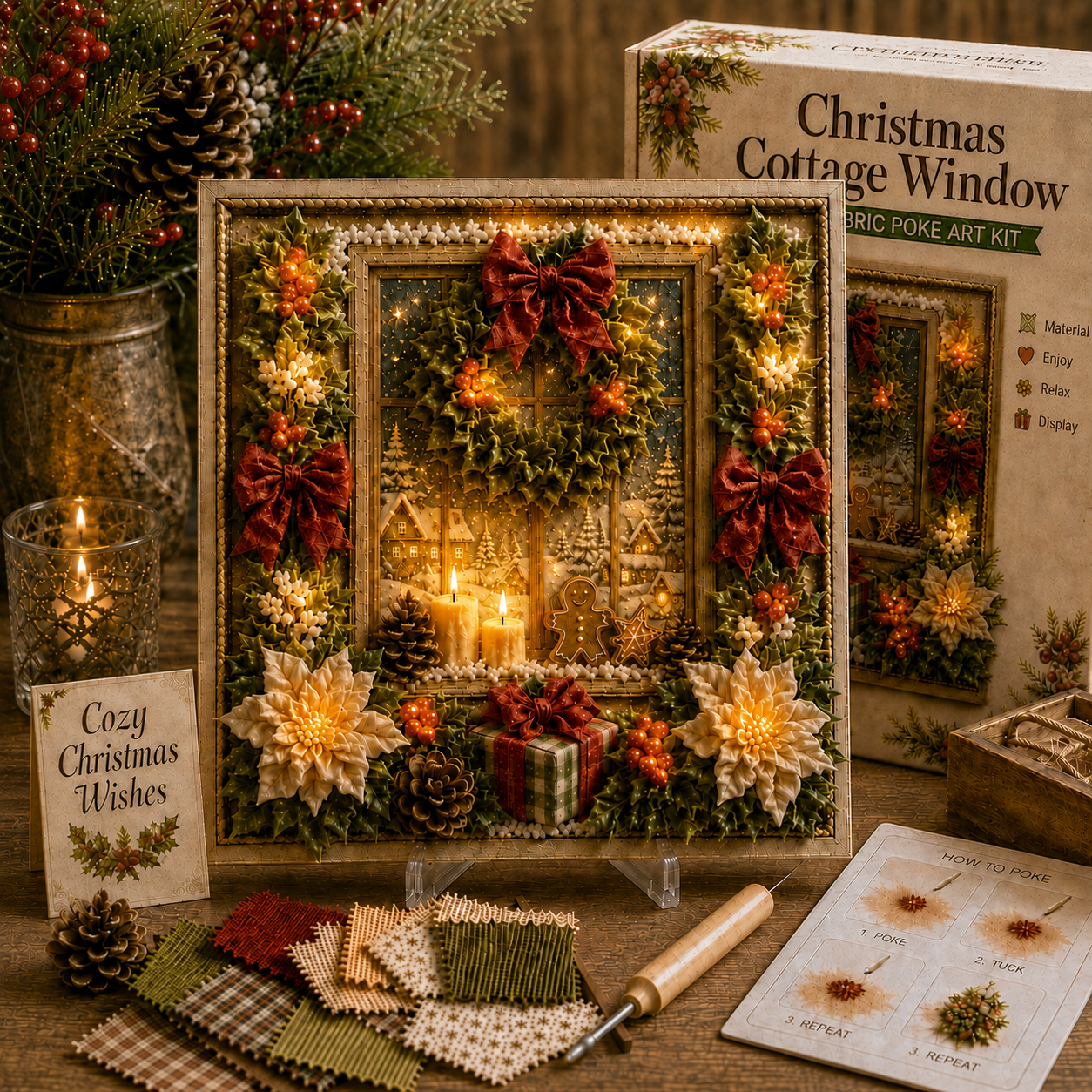 🎄🧵 Premium 3D Christmas Fabric Poke Art Kit | No-Sew Holiday Craft with Pre-Punched Board, Fabric Squares & Display Stand 🎅✨