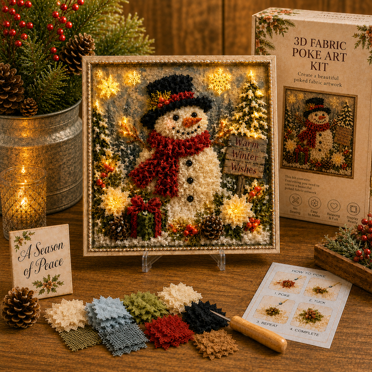 🎄🧵 Premium 3D Christmas Fabric Poke Art Kit | No-Sew Holiday Craft with Pre-Punched Board, Fabric Squares & Display Stand 🎅✨