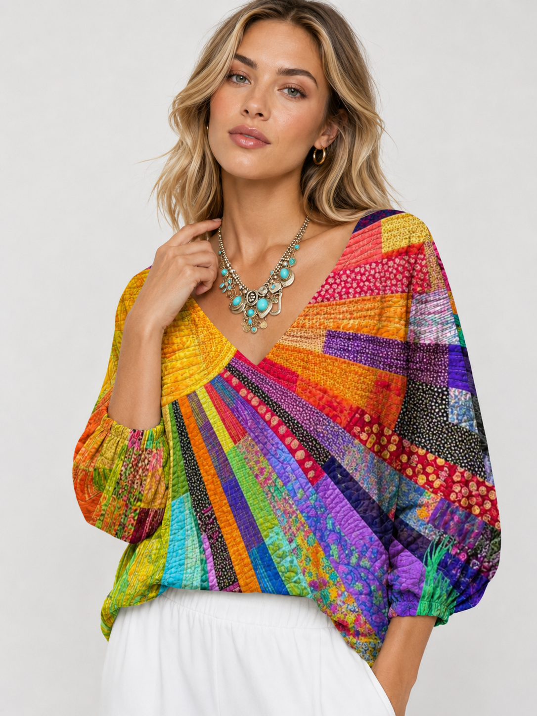 Women's Colorful Patchwork V-Neck Long Sleeve Loose Fit Blouse