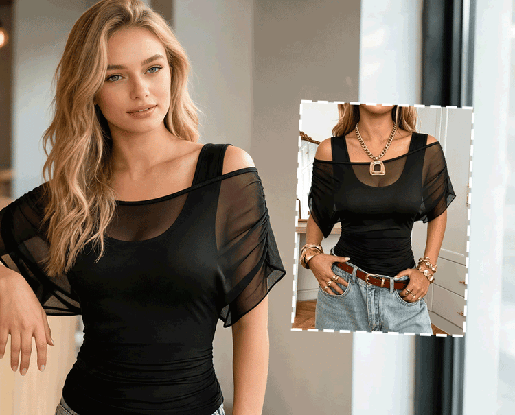 🔥Last Day Promotion 70% OFF🔥Sheer Off Shoulder U Neck Patchwork T Shirts