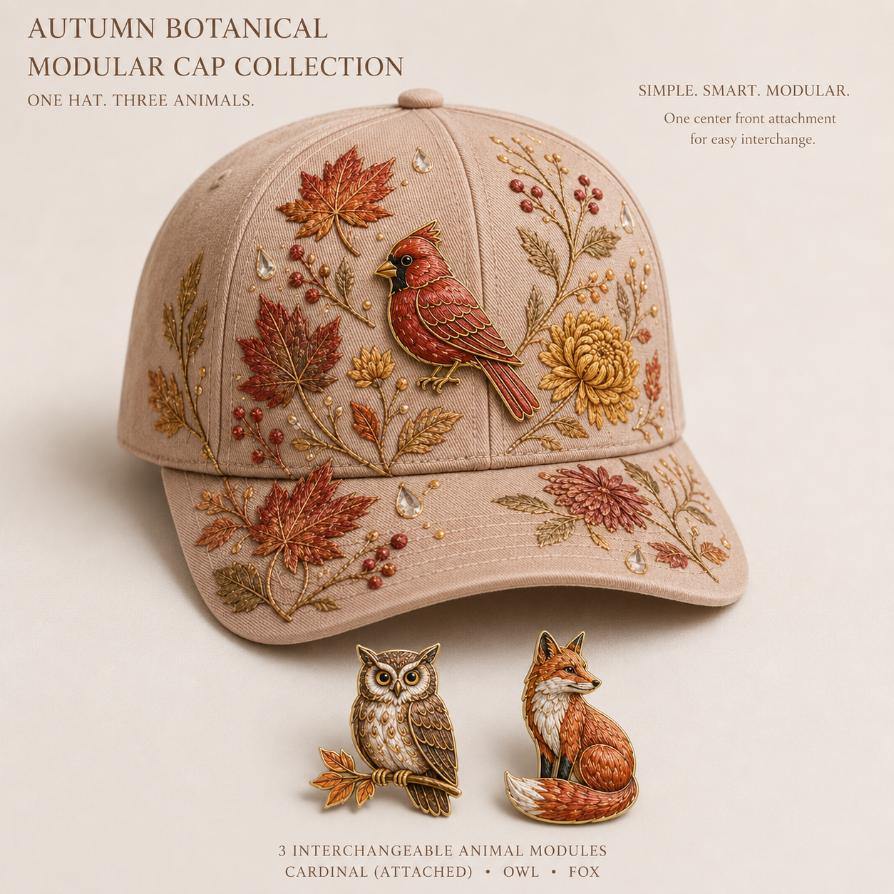 Botanical Modular Cap Set with 3 Interchangeable Animal Charms