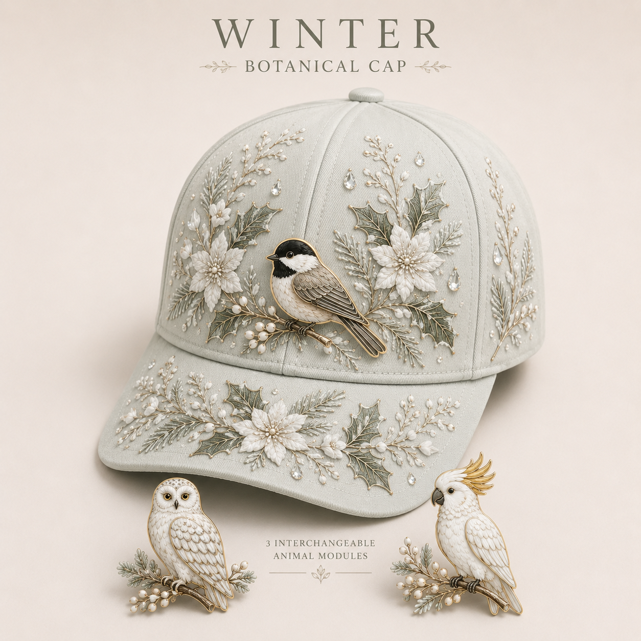 Botanical Modular Cap Set with 3 Interchangeable Animal Charms