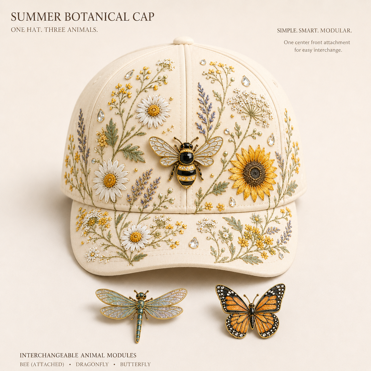 Botanical Modular Cap Set with 3 Interchangeable Animal Charms