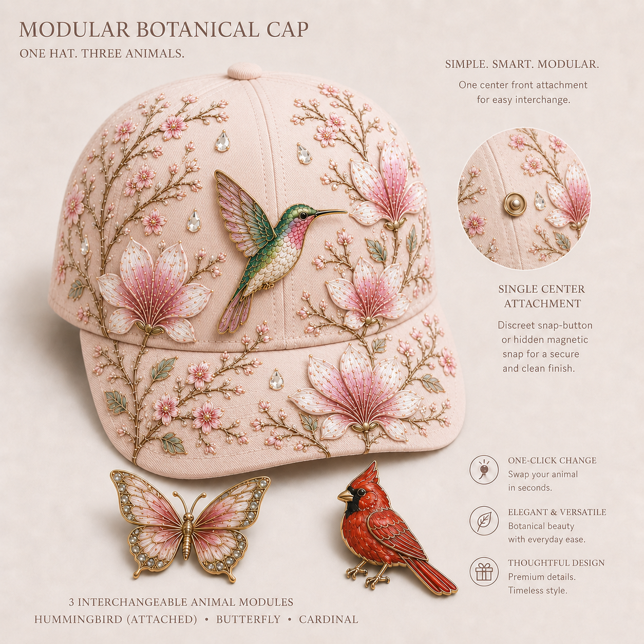 Botanical Modular Cap Set with 3 Interchangeable Animal Charms