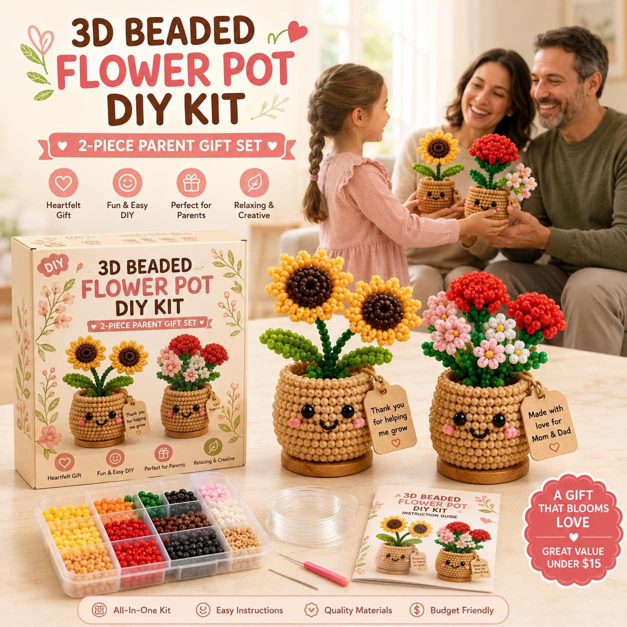 3D Beaded Flower Pot DIY Gift Kit – Handmade Keepsake for Parents, Grandparents, Teachers & Little Friends