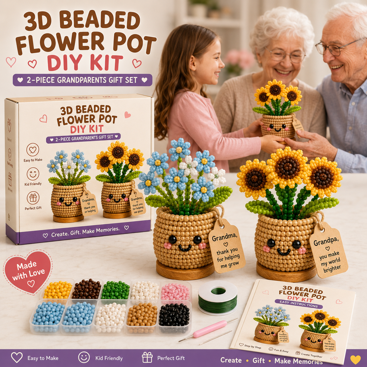 3D Beaded Flower Pot DIY Gift Kit – Handmade Keepsake for Parents, Grandparents, Teachers & Little Friends