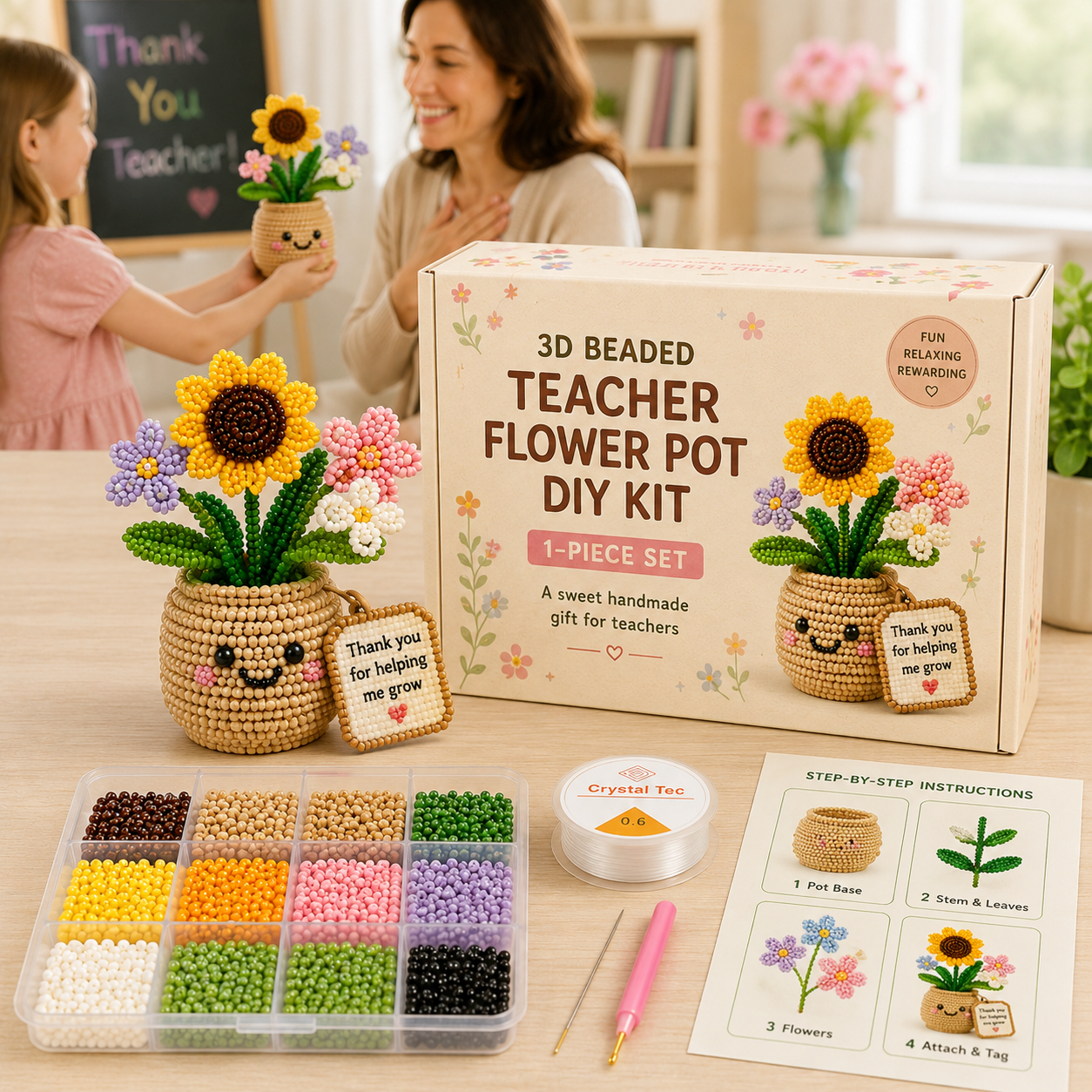 3D Beaded Flower Pot DIY Gift Kit – Handmade Keepsake for Parents, Grandparents, Teachers & Little Friends