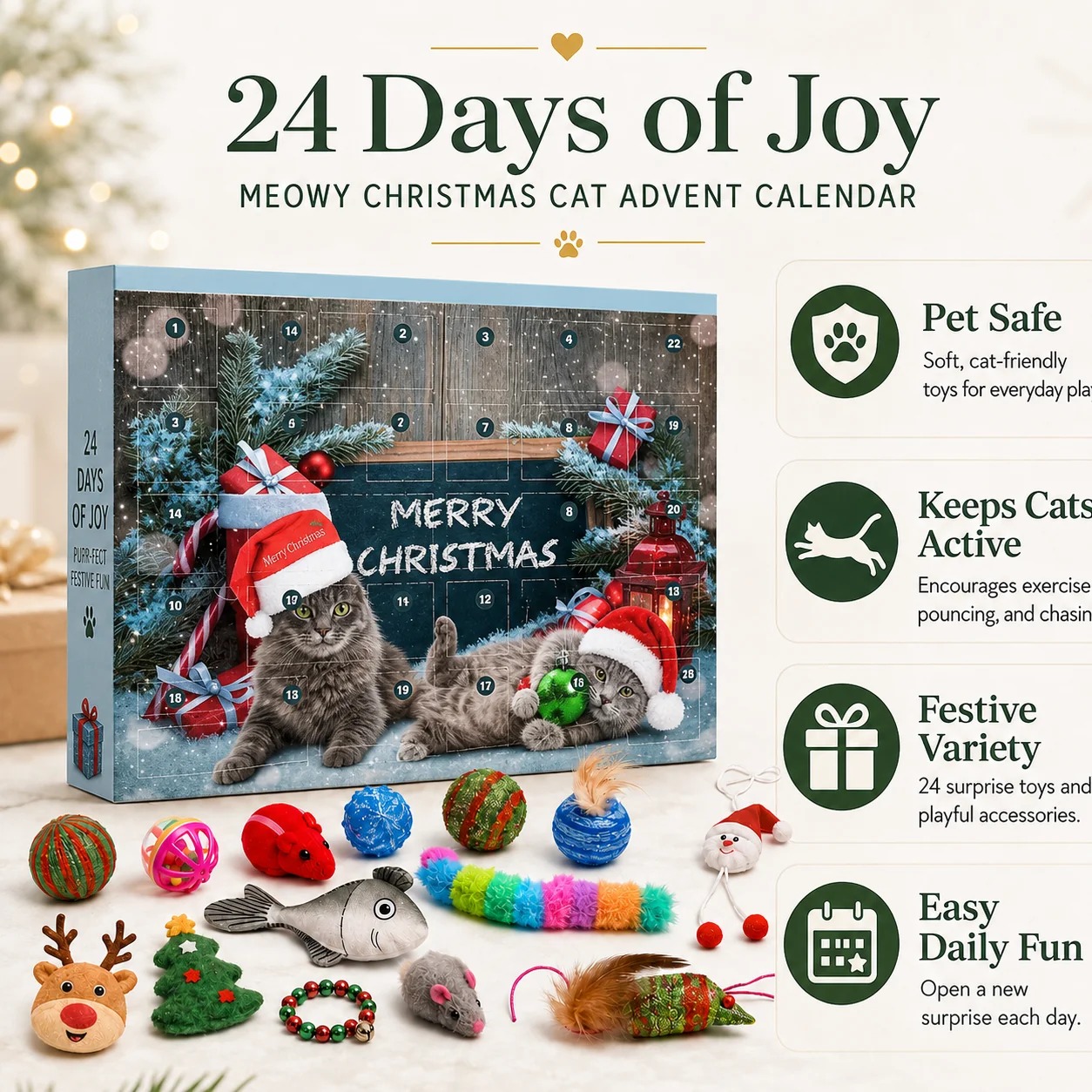 🔥49% Off Last Day -24 Days of Joy Cat Advent Calendar – 24 Christmas Surprise Toys for Cats