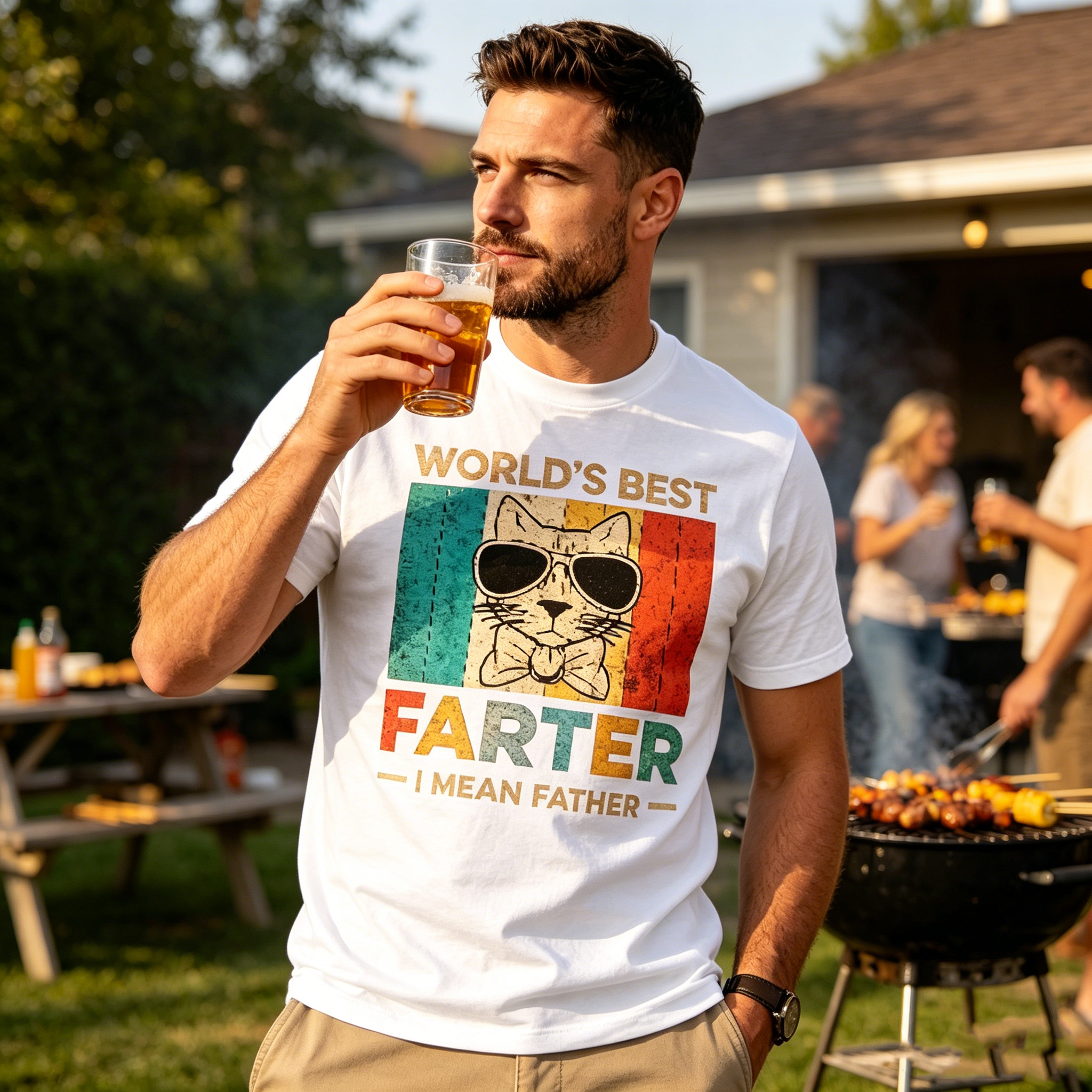 Funny Retro Cat Graphic “World’s Best Father” Humor T-Shirt Casual BBQ Tee