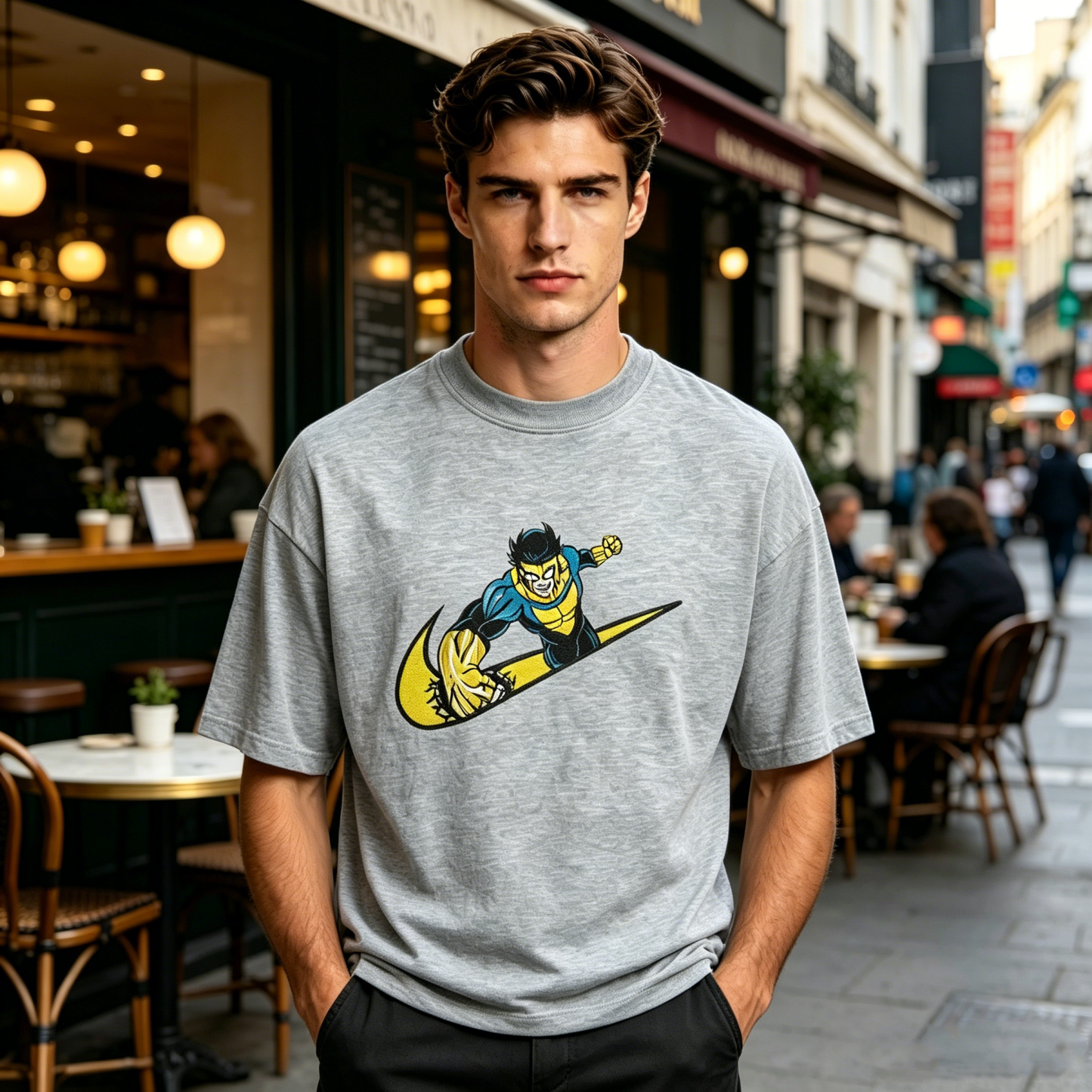 Dynamic Hero Action Graphic Streetwear T-Shirt – Yellow Blue Sport-Inspired Illustration Tee