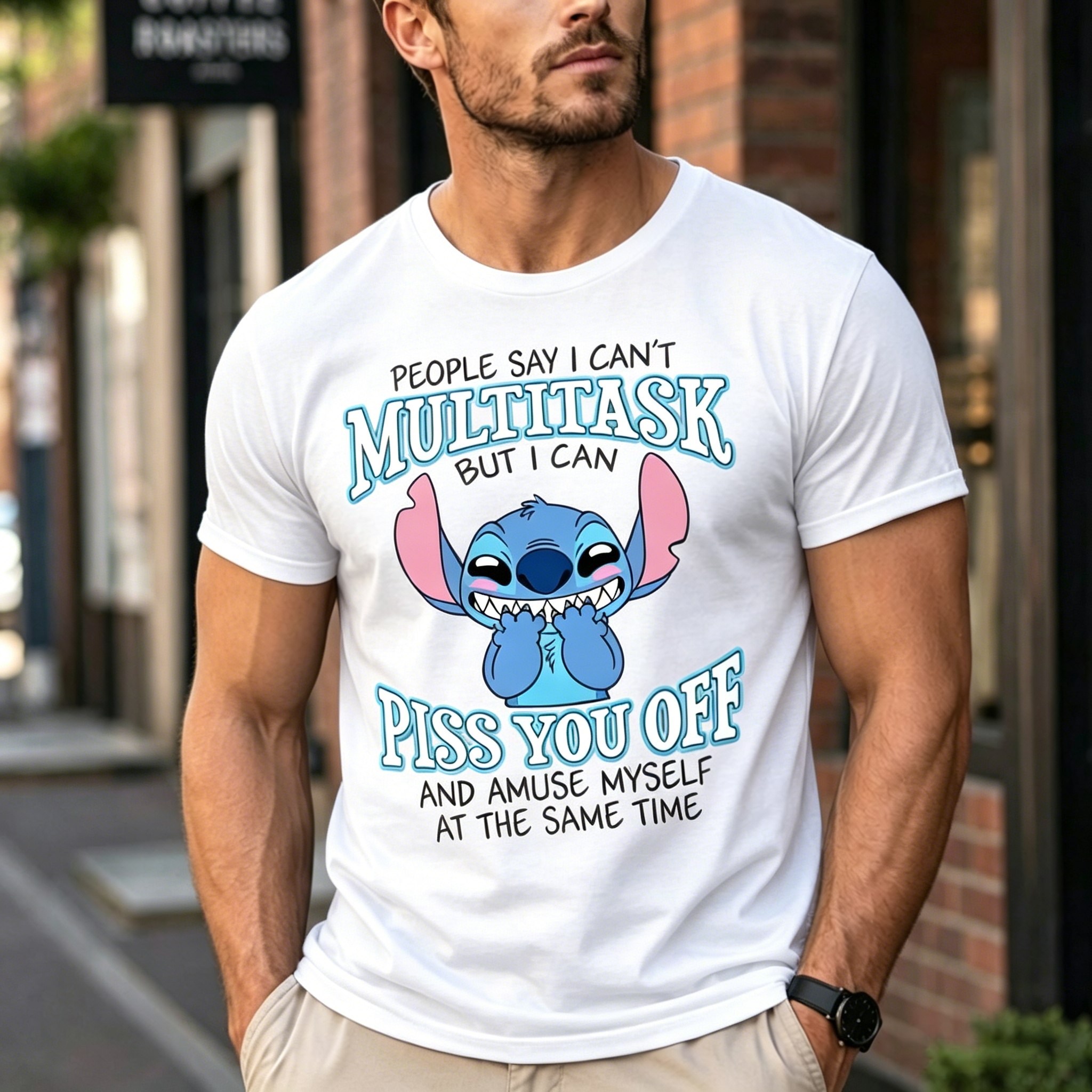 Unisex Funny Blue Alien Sarcasm Cartoon Graphic T-Shirt with Multitasking Quote Streetwear Tee