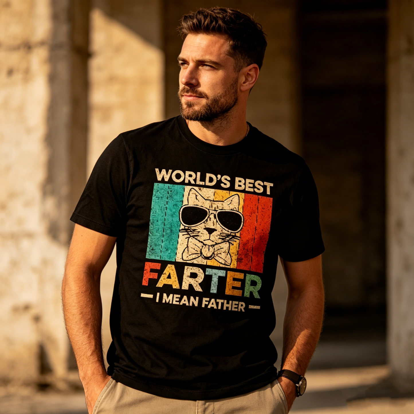 Funny Retro Cat Graphic “World’s Best Father” Humor T-Shirt Casual BBQ Tee