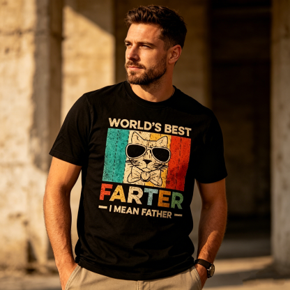 Funny Retro Cat Graphic “World’s Best Father” Humor T-Shirt Casual BBQ Tee