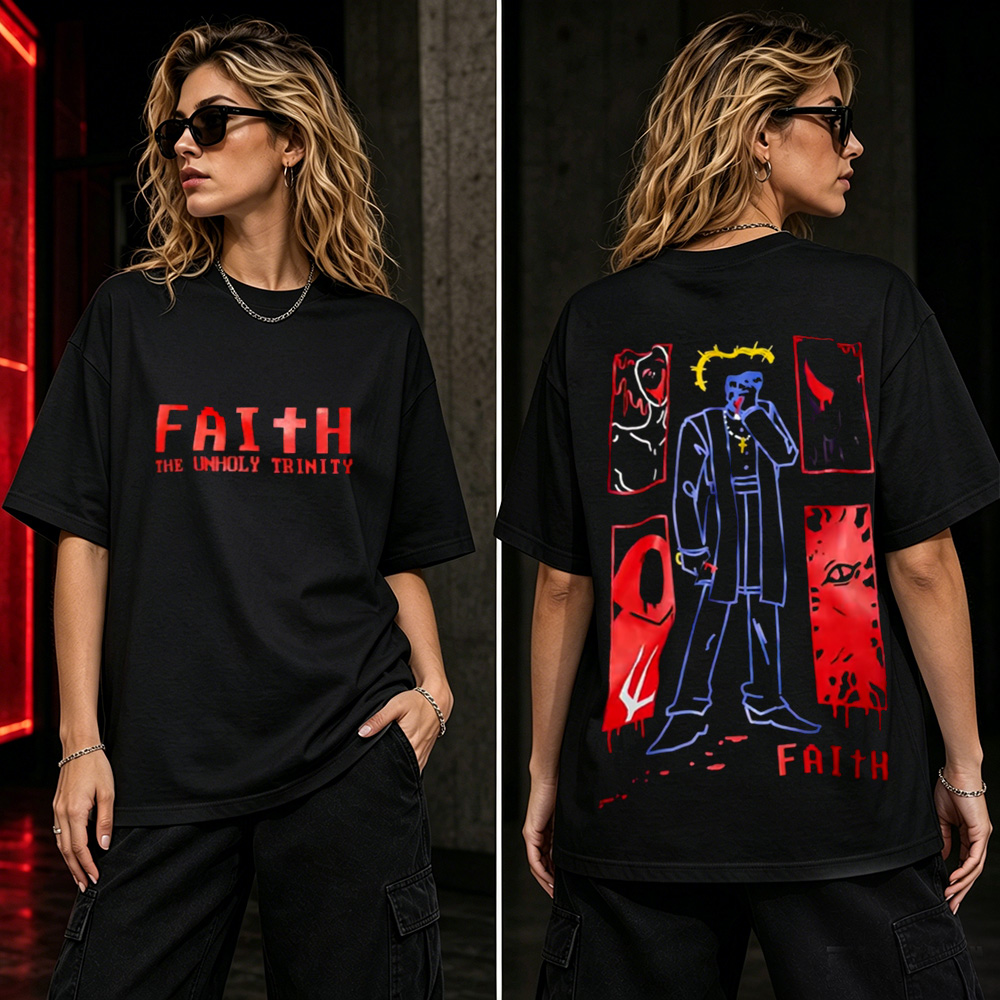 Faith: The Unholy Trinity Retro Horror Game Graphic T-Shirt – Pixel Horror Oversized Tee