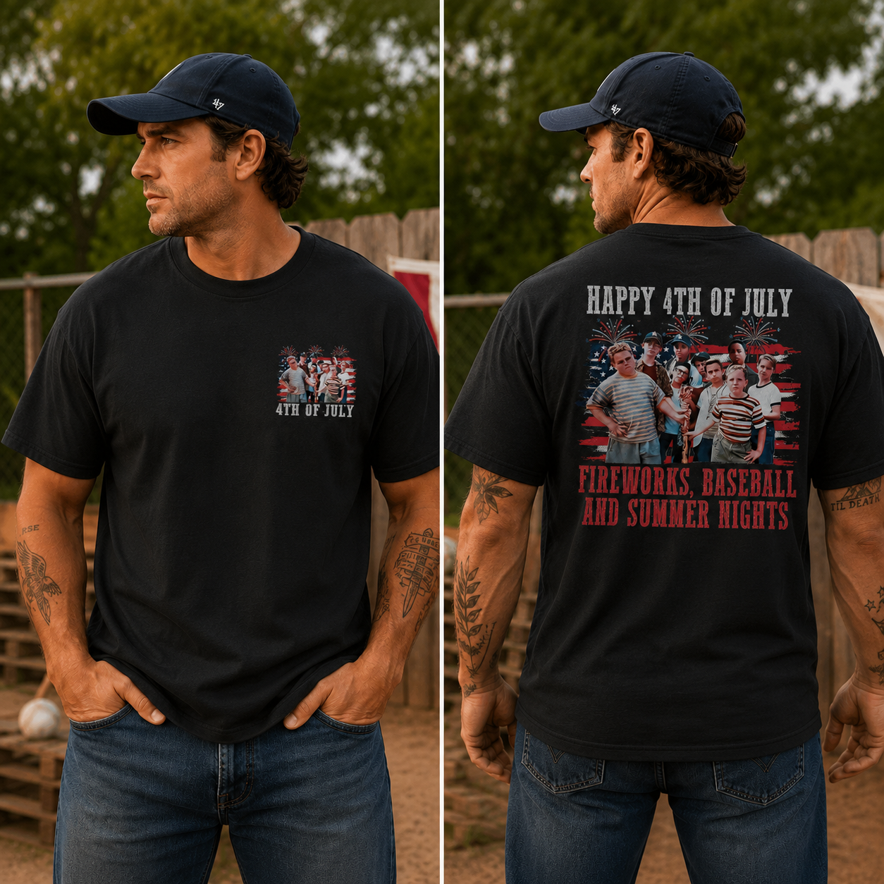 Fireworks, Baseball and Summer Nights 4th of July Patriotic Graphic T-Shirt