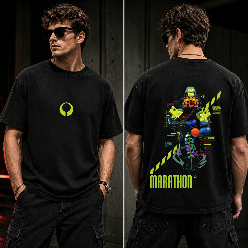 Marathon Cyberpunk Runner Graphic T-Shirt – Futuristic Sci-Fi Gaming Streetwear Tee