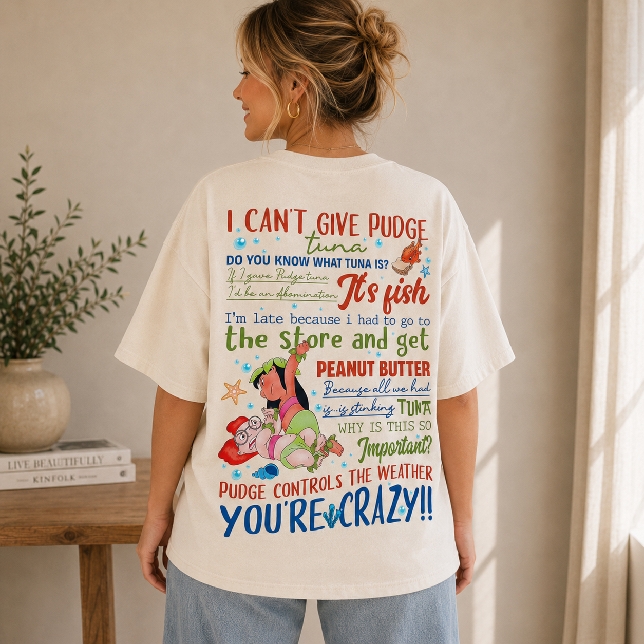 Vintage Tropical Cartoon Graphic T-Shirt – Washed Cream Oversized Streetwear Tee