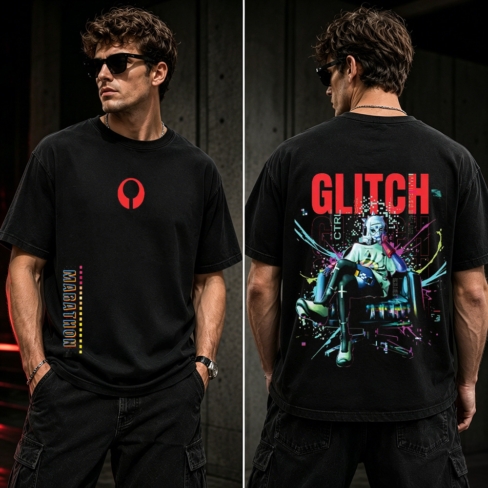 Marathon Glitch Cyberpunk Graphic T-Shirt – Neon Sci-Fi Gamer Streetwear Tee