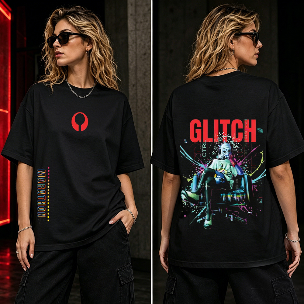 Marathon Glitch Cyberpunk Graphic T-Shirt – Neon Sci-Fi Gamer Streetwear Tee