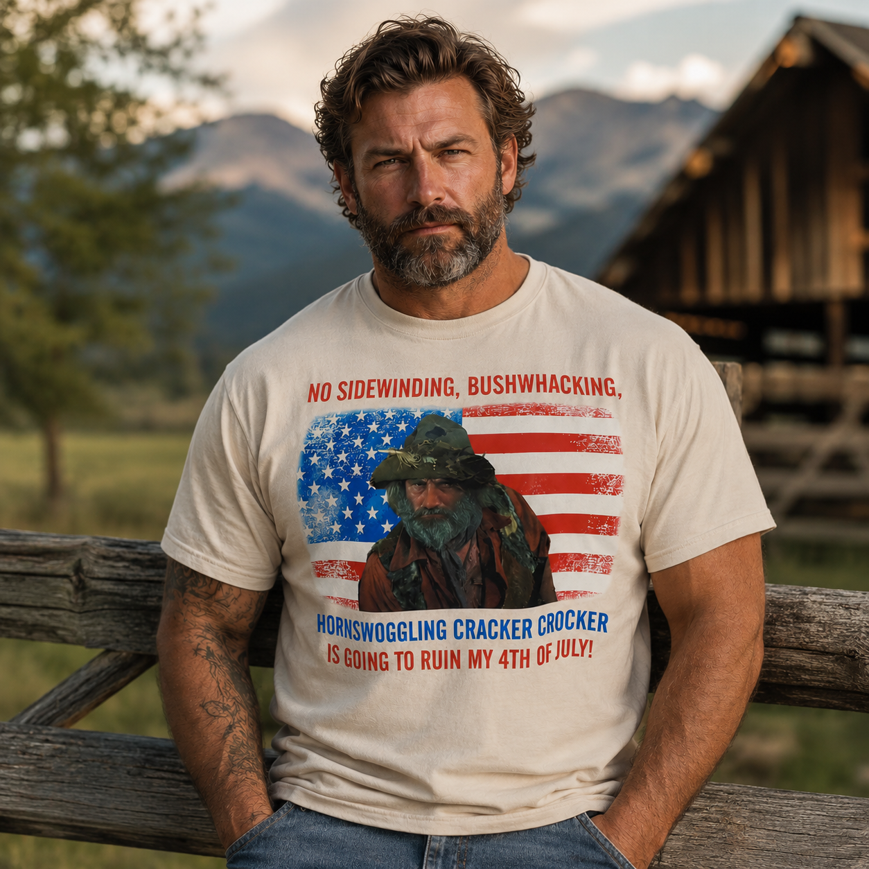 Funny 4th of July Patriotic Graphic T-Shirt – “No Sidewinding Bushwhacking” USA Flag Tee