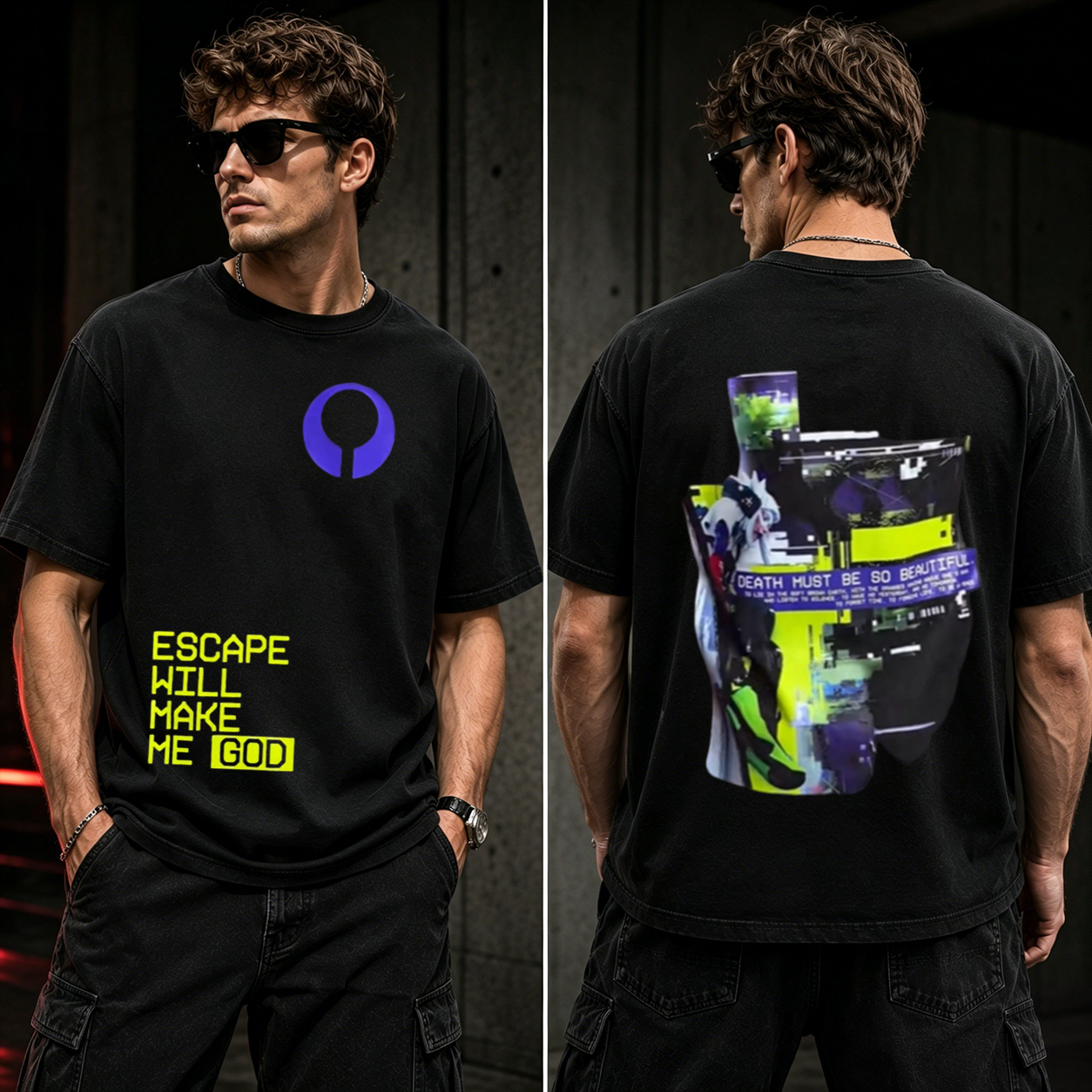 Cyberpunk Escape Will Make Me God Graphic T-Shirt – Glitchcore Streetwear Tee