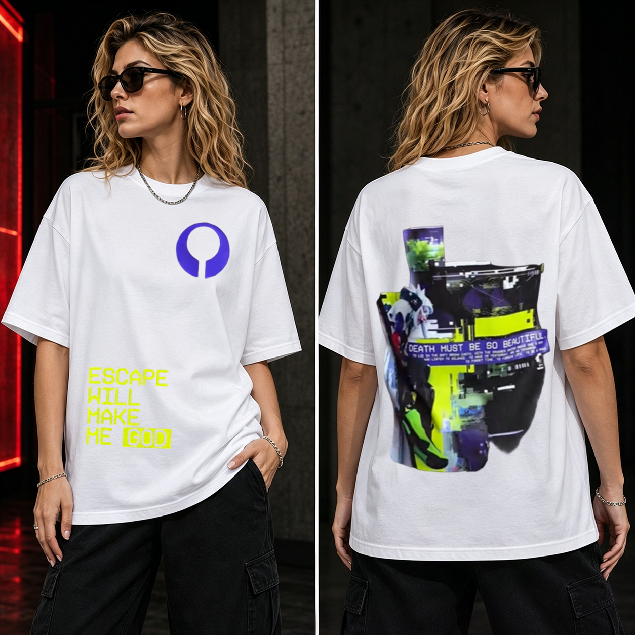 Cyberpunk Escape Will Make Me God Graphic T-Shirt – Glitchcore Streetwear Tee