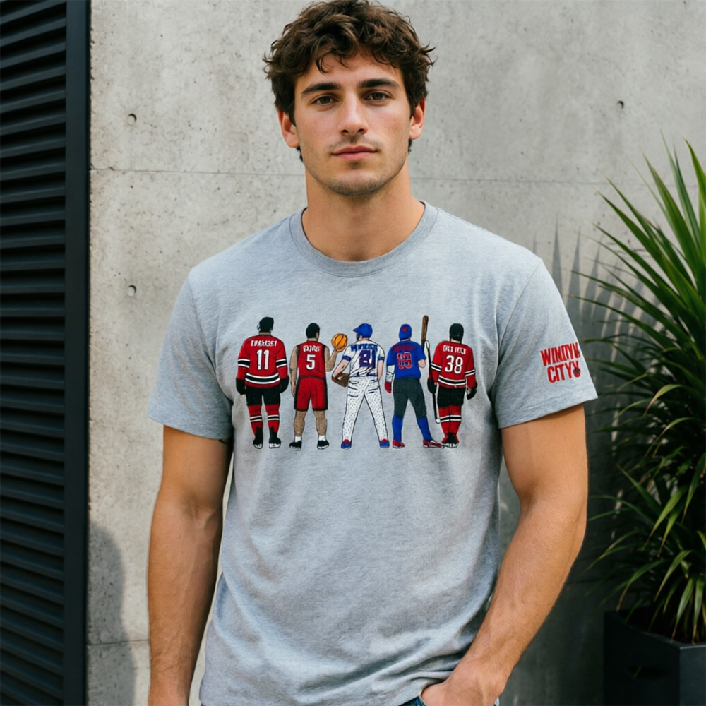 Vintage “Win City” Multi-Sport Legends Graphic T-Shirt – Retro Streetwear Athletic Team Lineup Tee with Baseball, Basketball & Hockey Players Print