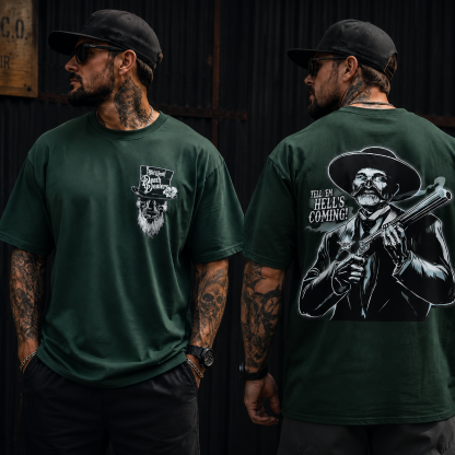 Double-Sided Skull Graphic T-Shirt – Cowboy Western “Tell ’Em Hell’s Coming” Print Tee