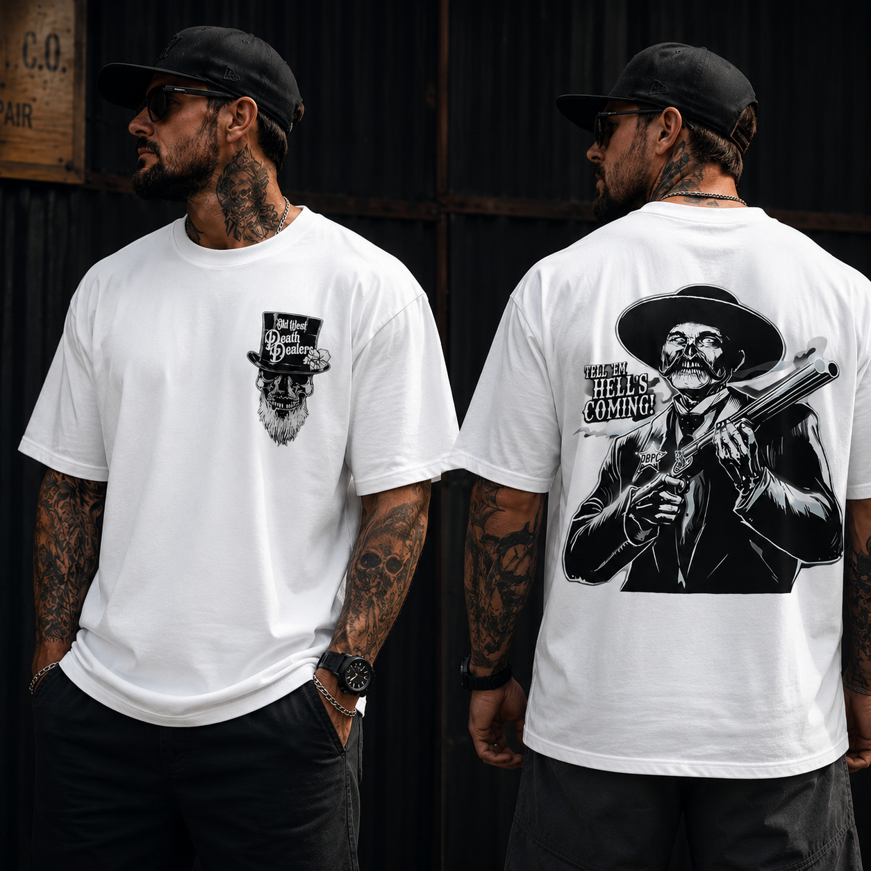 Double-Sided Skull Graphic T-Shirt – Cowboy Western “Tell ’Em Hell’s Coming” Print Tee