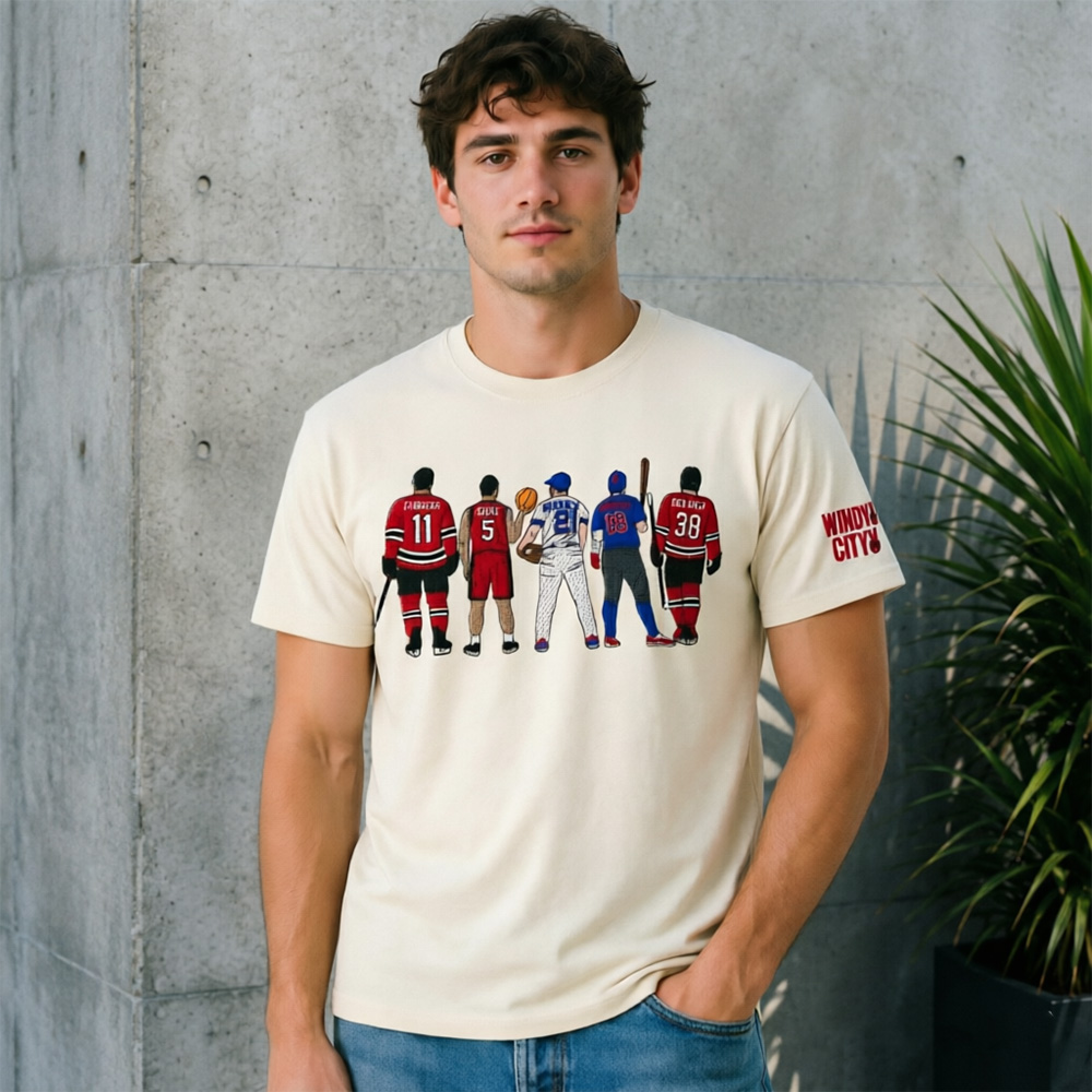 Vintage “Win City” Multi-Sport Legends Graphic T-Shirt – Retro Streetwear Athletic Team Lineup Tee with Baseball, Basketball & Hockey Players Print