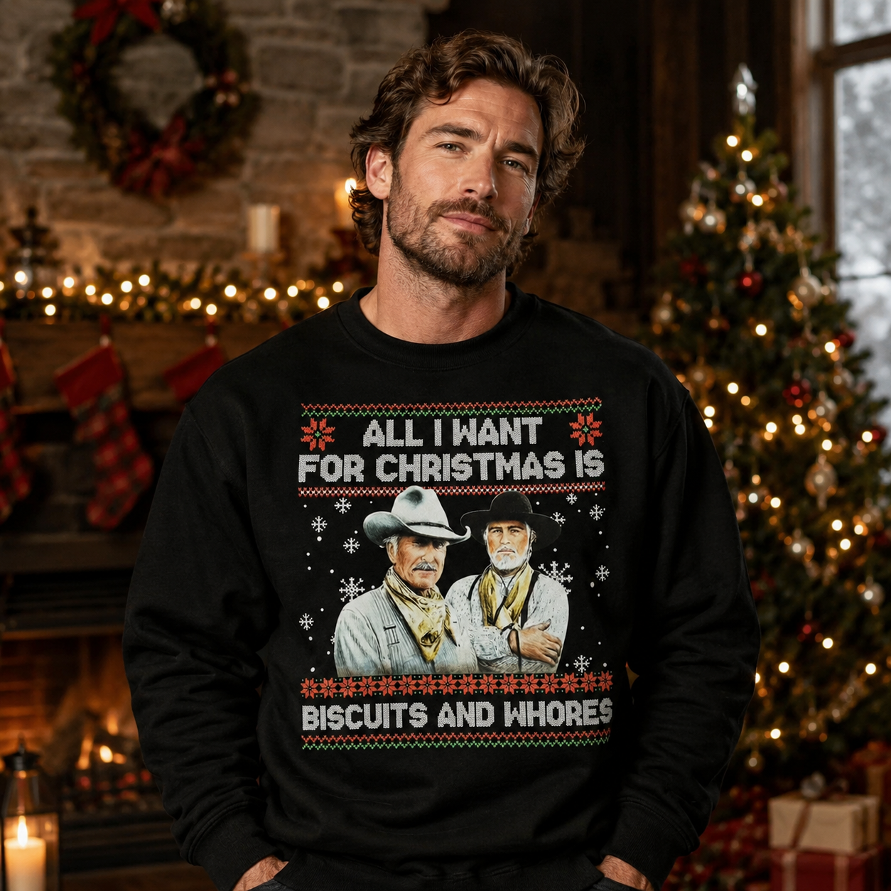 Vintage Cowboy Christmas Humor Graphic Sweatshirt – Retro Ugly Holiday Streetwear Pullover