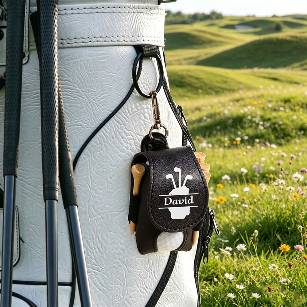 Personalized PU Leather Golf Ball & Tee Holder, Custom Name Monogram Golf Ball Pouch with Clip, Golf Gift for Men Women Golfers