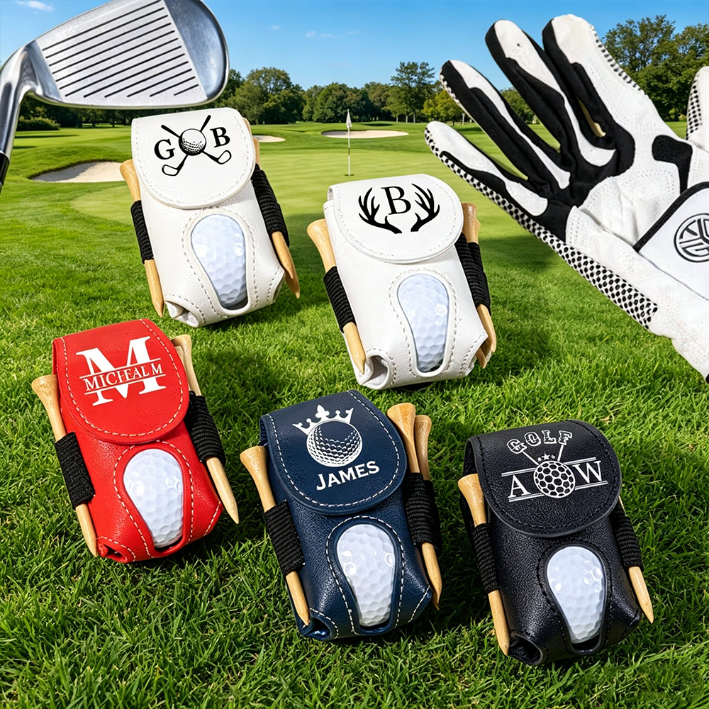 Personalized PU Leather Golf Ball & Tee Holder, Custom Name Monogram Golf Ball Pouch with Clip, Golf Gift for Men Women Golfers