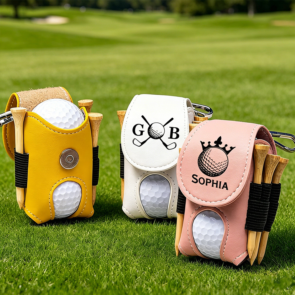 Personalized PU Leather Golf Ball & Tee Holder, Custom Name Monogram Golf Ball Pouch with Clip, Golf Gift for Men Women Golfers