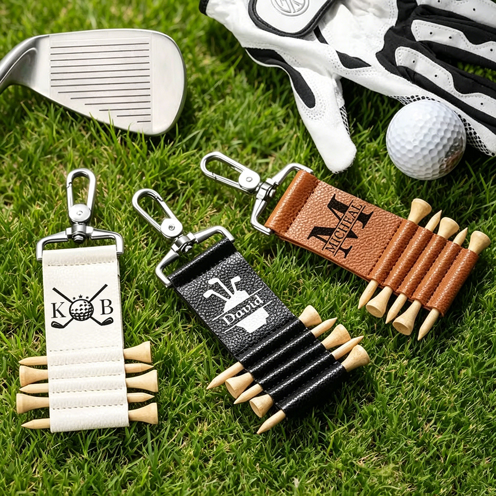 Personalized PU Leather Golf Tee Holder, Custom Monogram Golf Tee Holder with Name & 5 Bamboo Golf Tees, Golf Gift for Men Women
