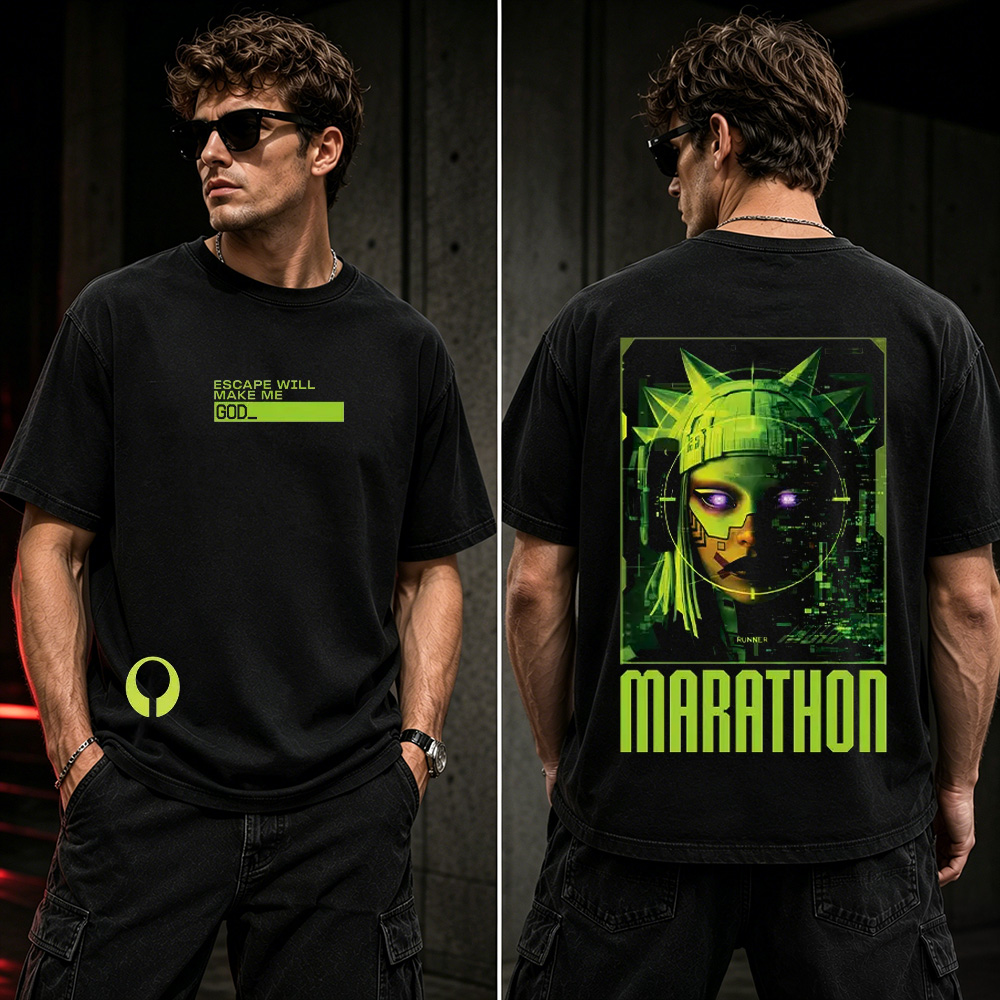 Marathon Runner AI Cyberpunk Graphic T-Shirt – Futuristic Sci-Fi Gamer Streetwear Tee