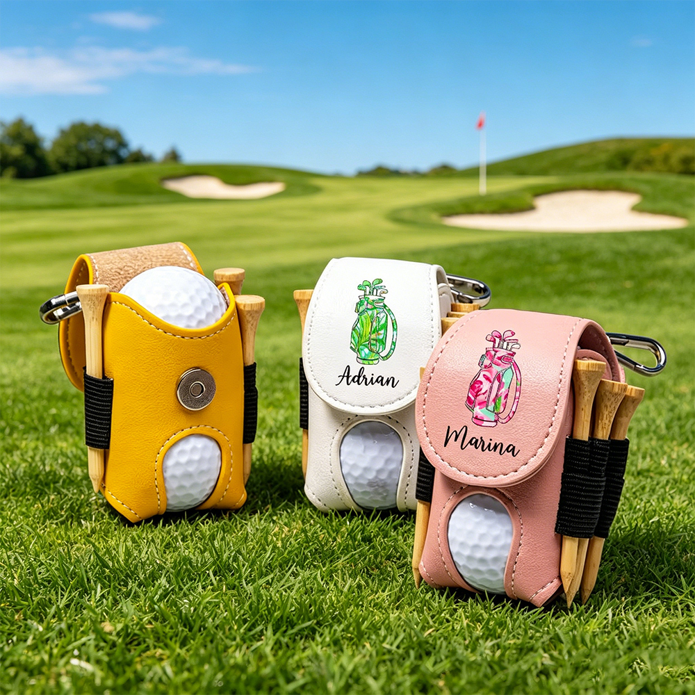 Personalized PU Leather Golf Ball & Tee Holder, Custom Golf Bag Design Ball Pouch with Name & Clip, Golf Gift for Men Women