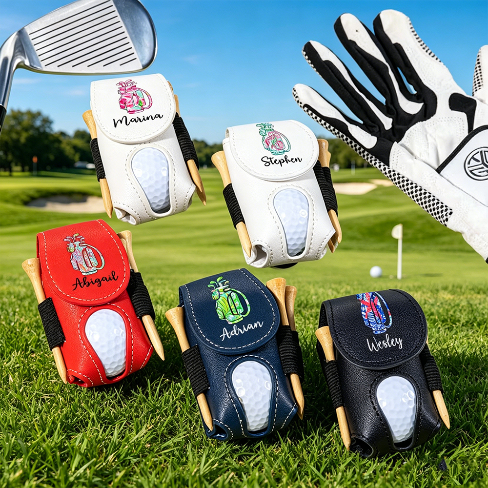 Personalized PU Leather Golf Ball & Tee Holder, Custom Golf Bag Design Ball Pouch with Name & Clip, Golf Gift for Men Women