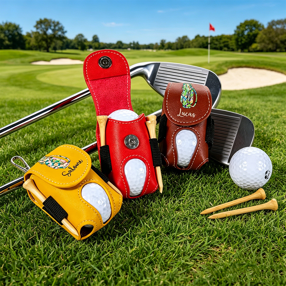 Personalized PU Leather Golf Ball & Tee Holder, Custom Golf Bag Design Ball Pouch with Name & Clip, Golf Gift for Men Women
