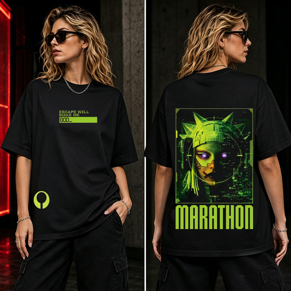 Marathon Runner AI Cyberpunk Graphic T-Shirt – Futuristic Sci-Fi Gamer Streetwear Tee