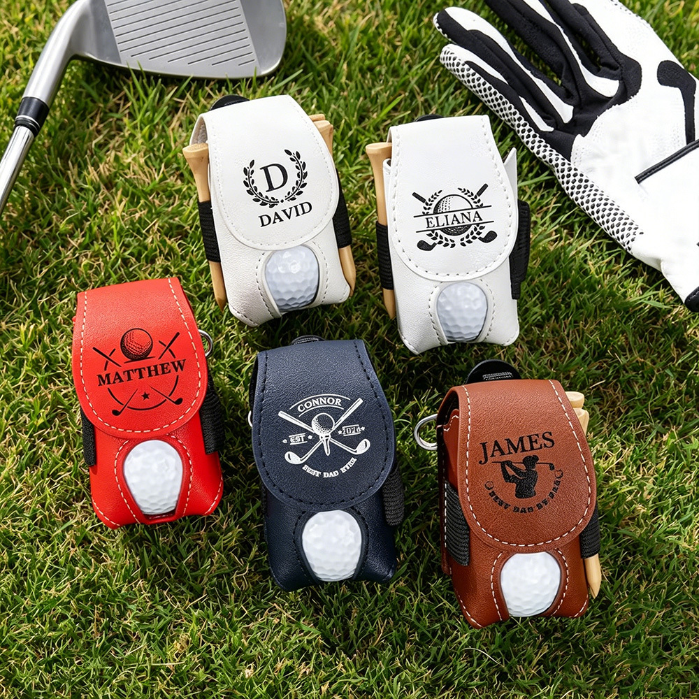 Personalized PU Leather Golf Ball Pouch - Custom Engraved Waist Bag with Keychain for Golfers, Portable Storage for Balls & Tees