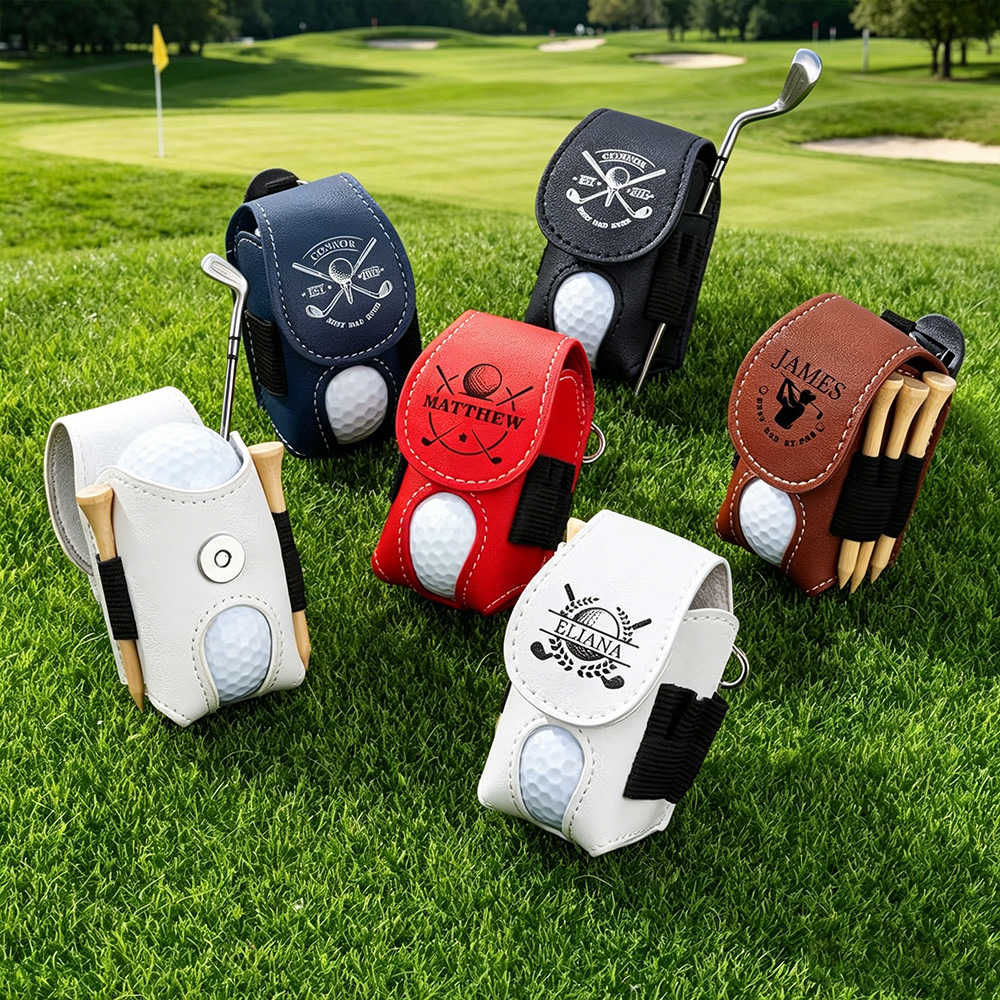 Personalized PU Leather Golf Ball Pouch - Custom Engraved Waist Bag with Keychain for Golfers, Portable Storage for Balls & Tees