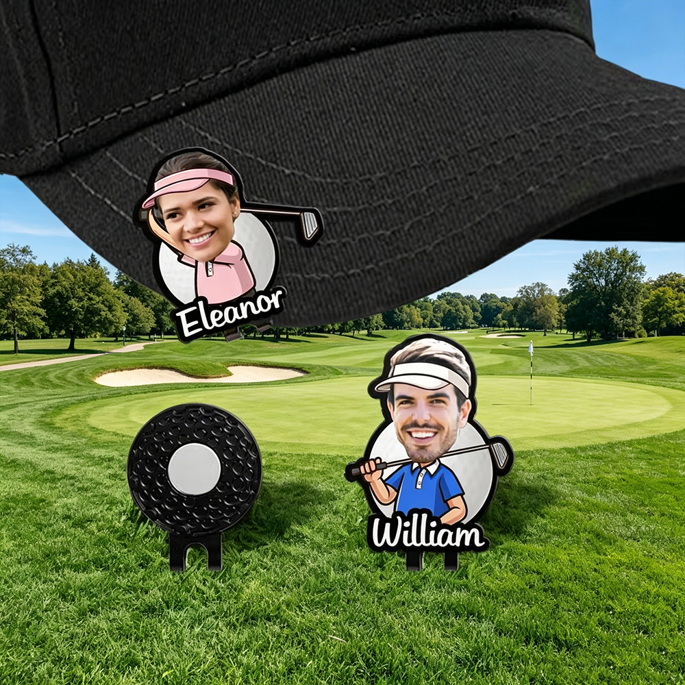 Personalized Cartoon Face Photo Golf Ball Marker with Magnetic Hat Clip, Custom Name Golf Marker, Gift for Golf Lovers