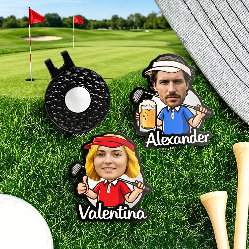Personalized Cartoon Face Photo Golf Ball Marker with Magnetic Hat Clip, Custom Name Golf Marker, Gift for Golf Lovers