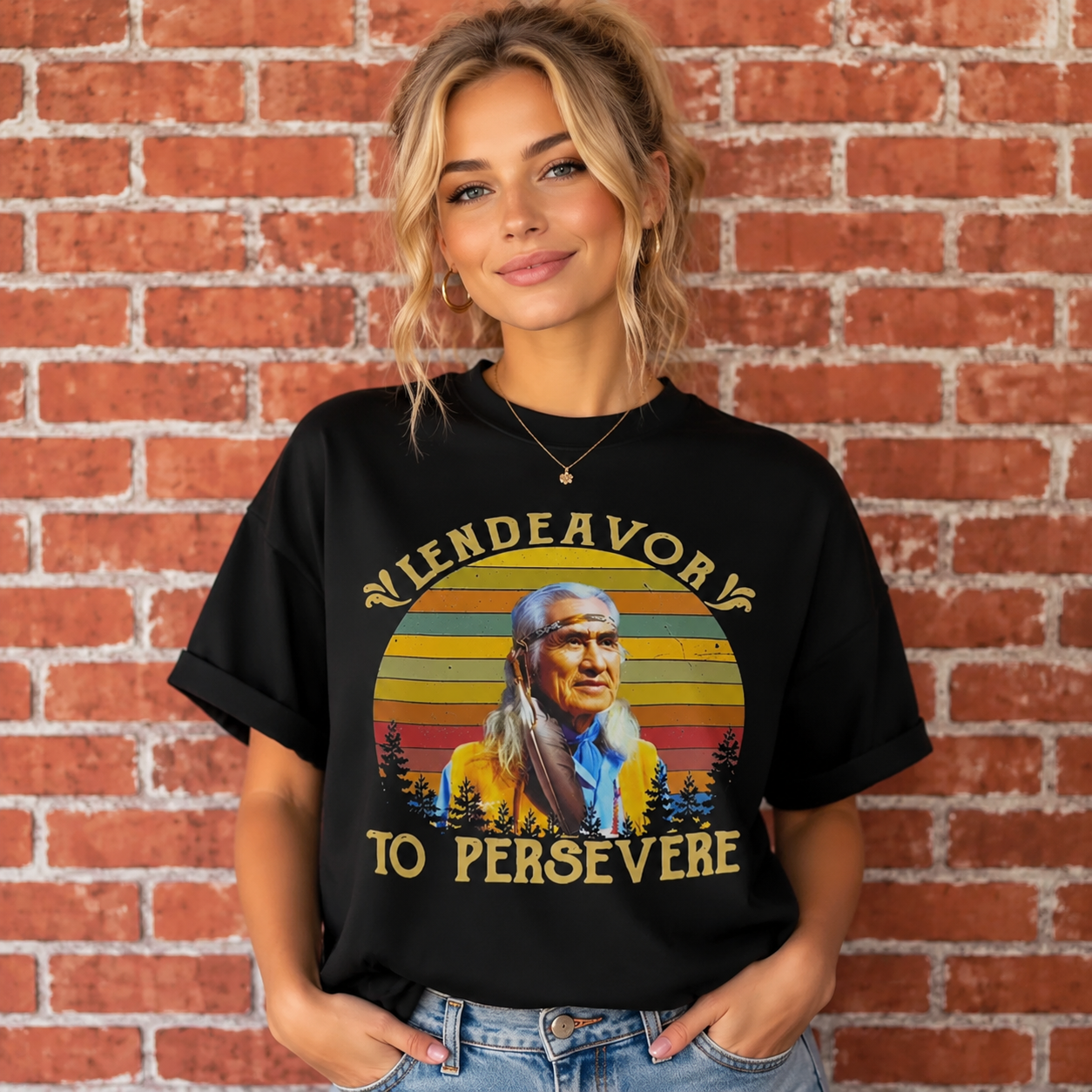 Lendeavor To Persevere Vintage Native Spirit Graphic Tee – Retro Sunset Portrait Unisex Streetwear T-Shirt