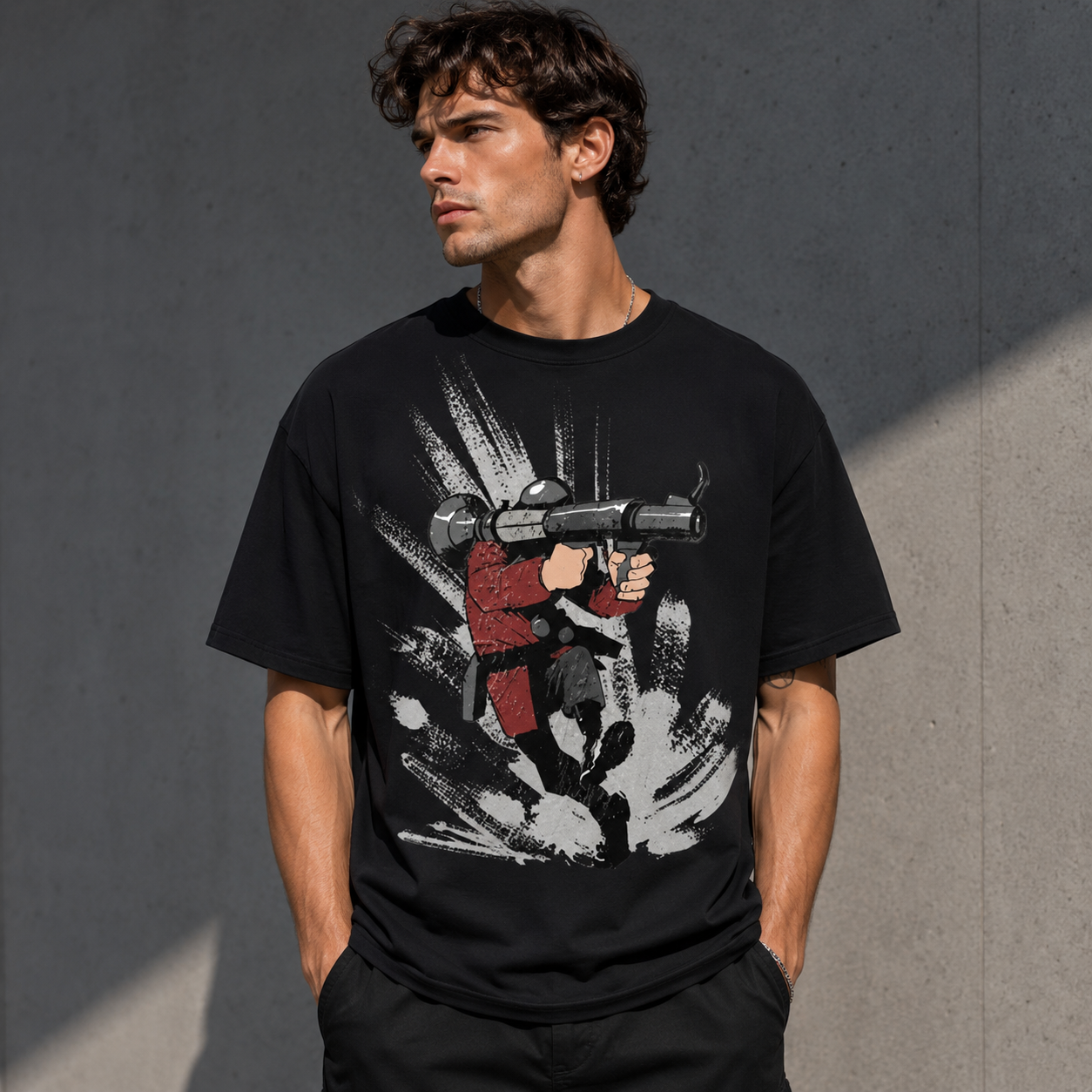 Vintage Cartoon Rocket Soldier Graphic T-Shirt – Retro Gamer Streetwear Tee for Men