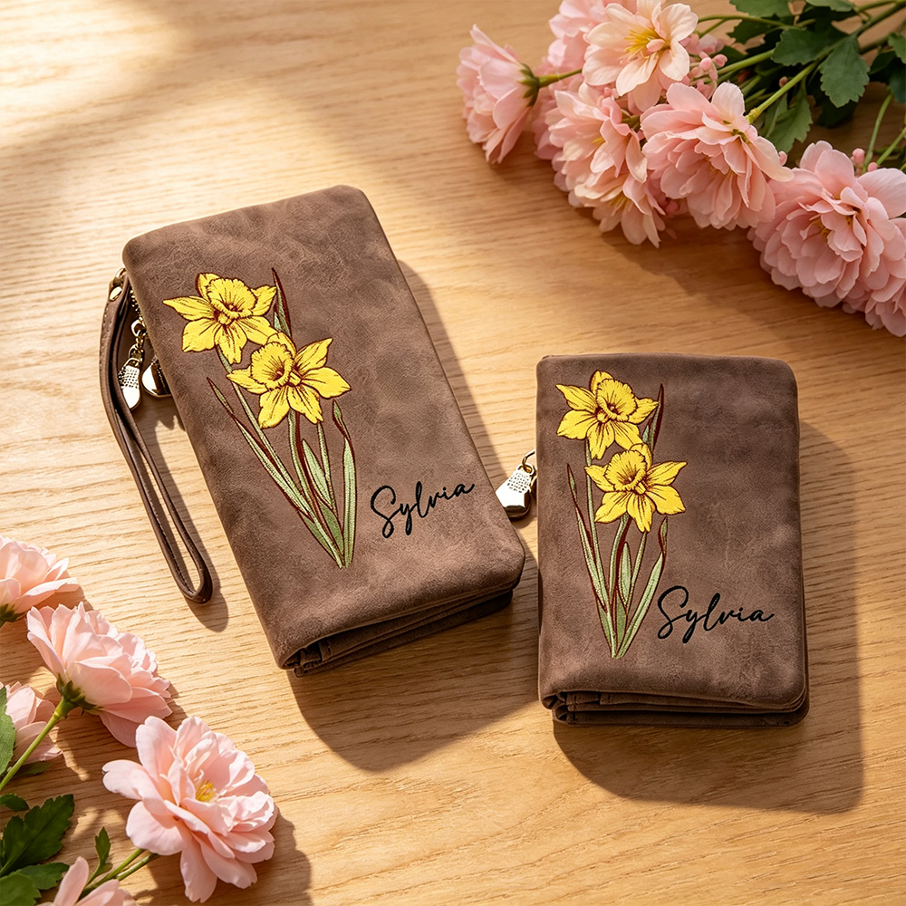 Custom Birth Flower Wallet for Women, Personalized Tri-Fold PU Leather Wristlet Purse with Name and Card Holder Floral Birthday Gift