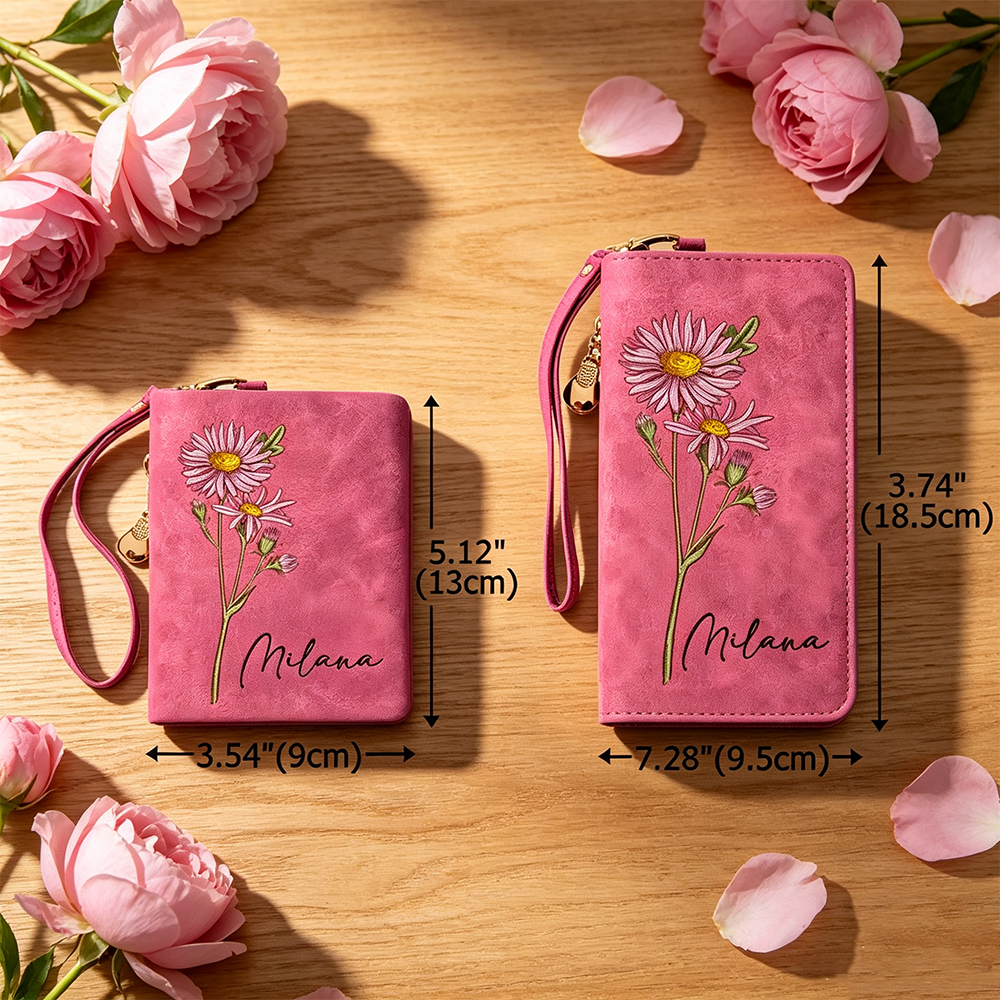 Custom Birth Flower Wallet for Women, Personalized Tri-Fold PU Leather Wristlet Purse with Name and Card Holder Floral Birthday Gift