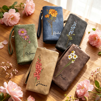 Custom Birth Flower Wallet for Women, Personalized Tri-Fold PU Leather Wristlet Purse with Name and Card Holder Floral Birthday Gift